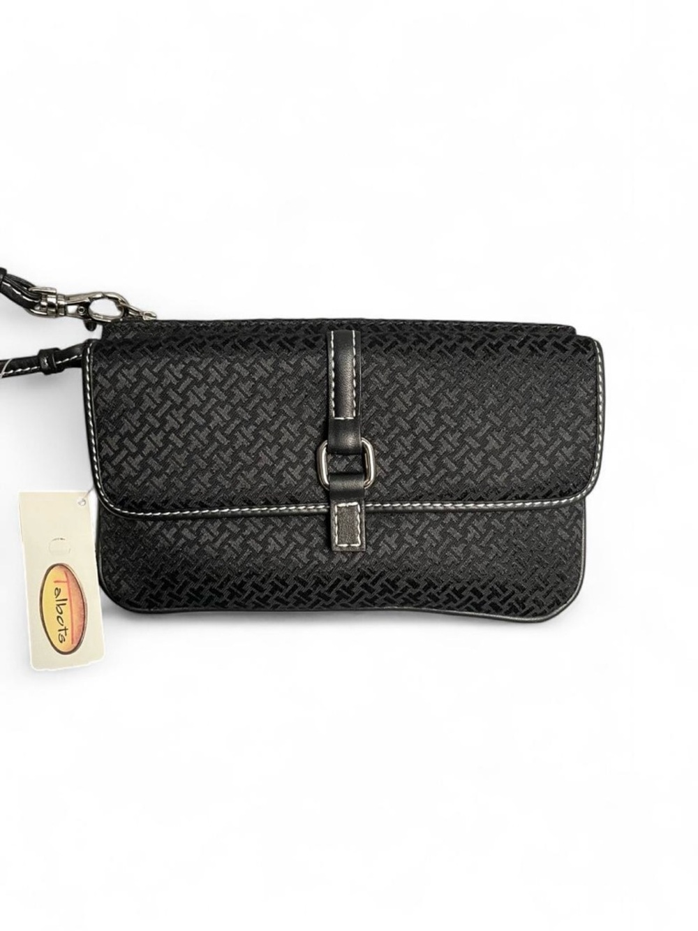 Talbots Womens Black Textured Cotton Wristlet Wallet Clutch Leather Trim NWT NEW